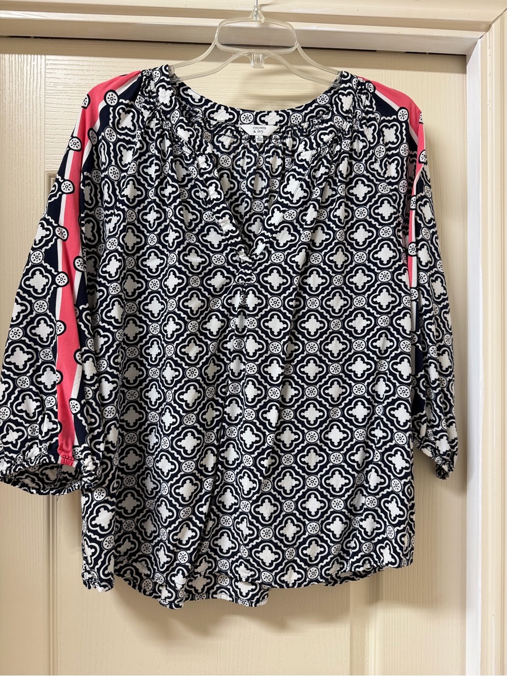 Navy and White Printed Blouse with Coral Sleeve Stripes